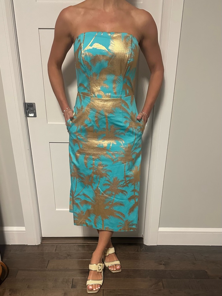 Turquoise And Gold Palm-Print Midi Skirt